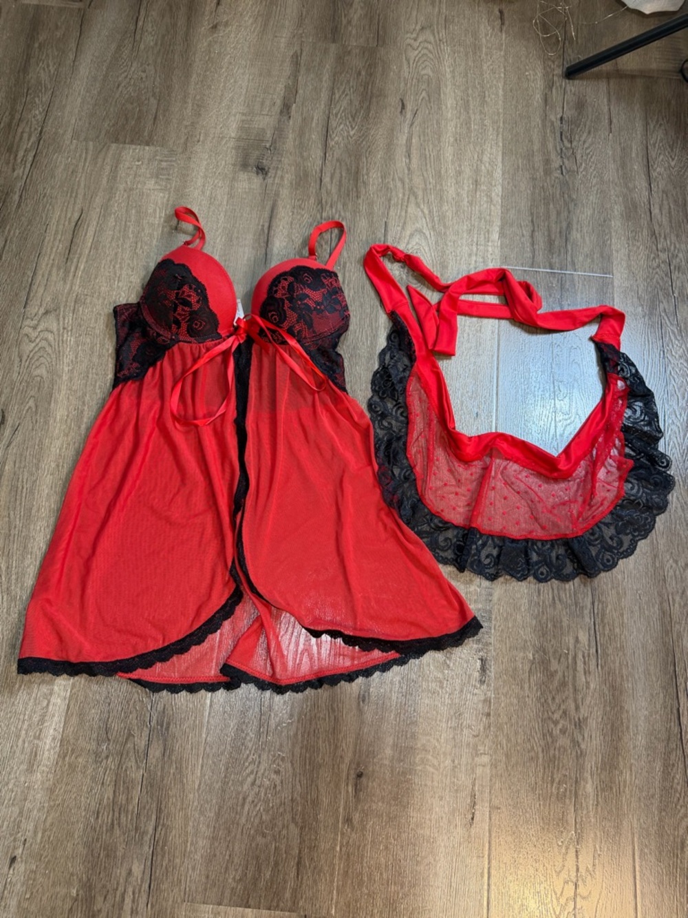 Red Lace Trim Babydoll Nightgown Set